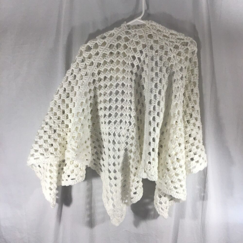 Vintage Handmade White Crochet Lace Poncho Shawl Boho Granny Square One Size